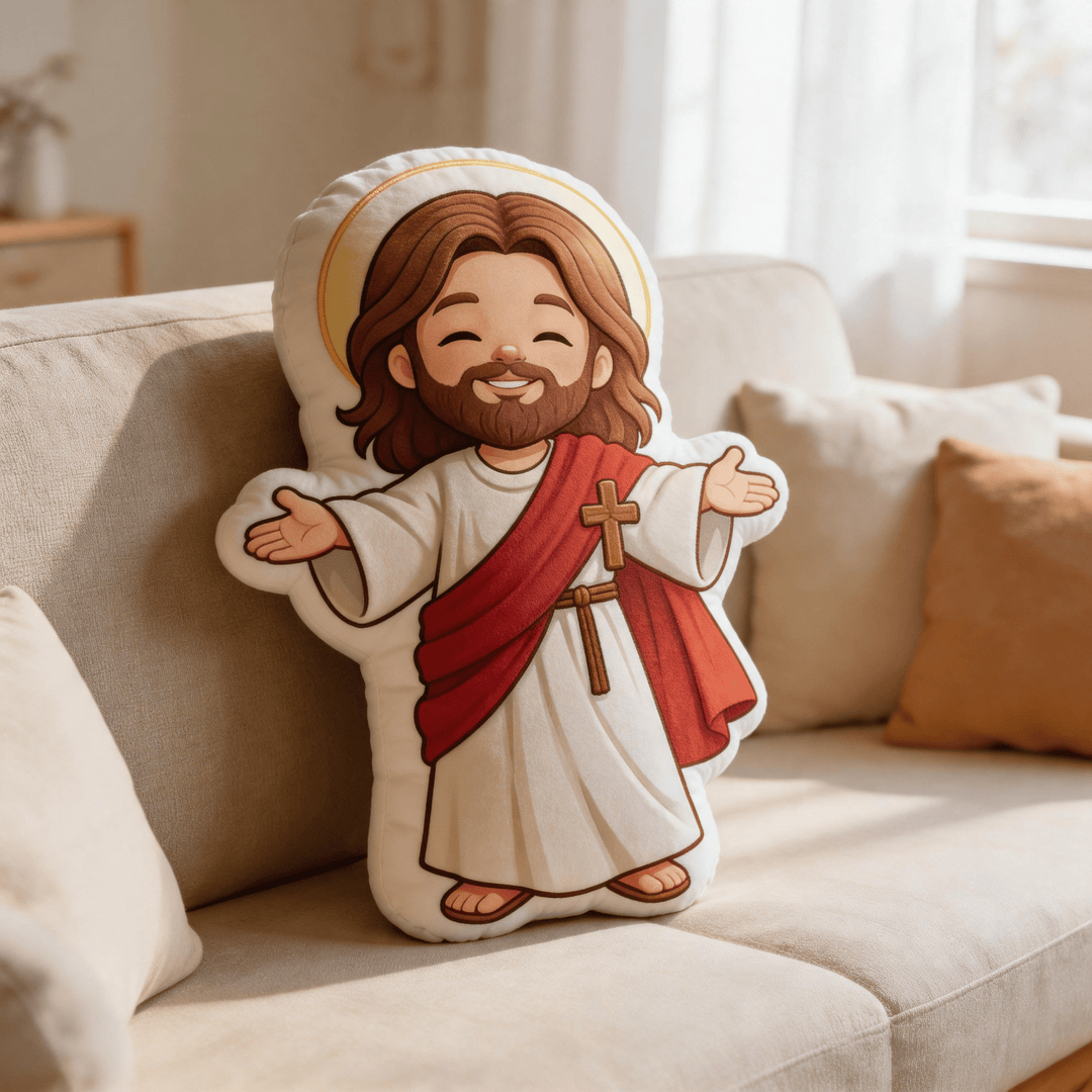 Christianartworkshop Niedliches, lächelndes Jesus-Kissen mit offenen Armen und Heiligenschein - image 2