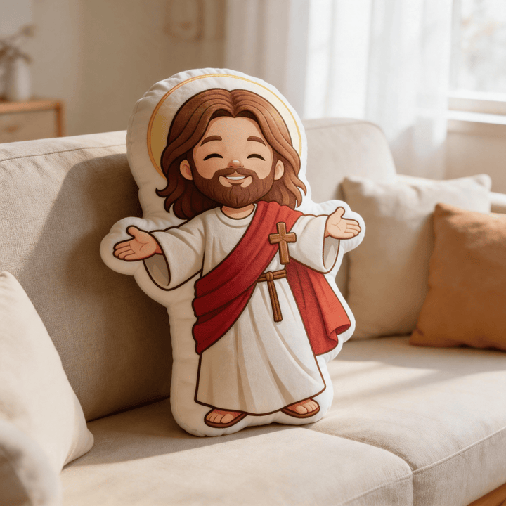 Christianartworkshop Niedliches, lächelndes Jesus-Kissen mit offenen Armen und Heiligenschein - image 2