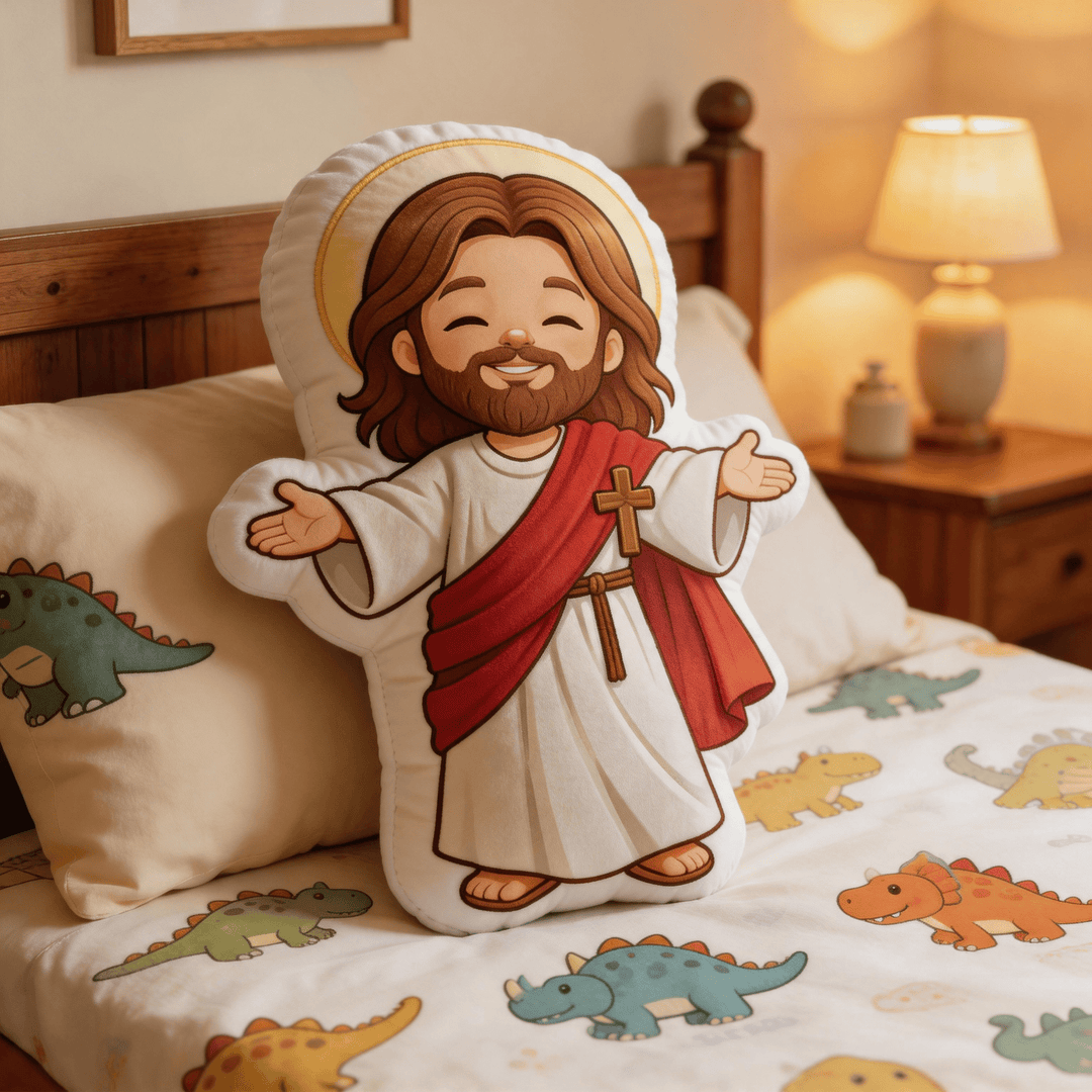 Christianartworkshop Niedliches, lächelndes Jesus-Kissen mit offenen Armen und Heiligenschein - image 0