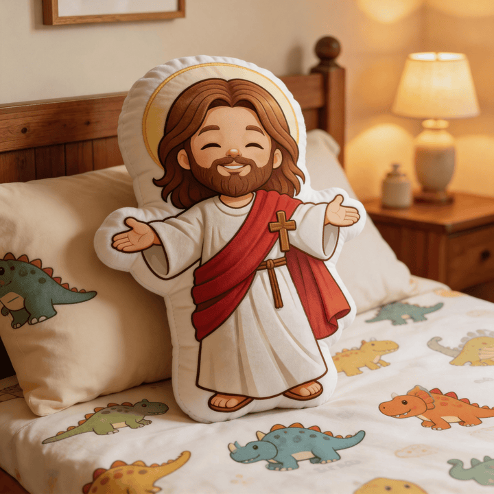 Christianartworkshop Niedliches, lächelndes Jesus-Kissen mit offenen Armen und Heiligenschein - image 0