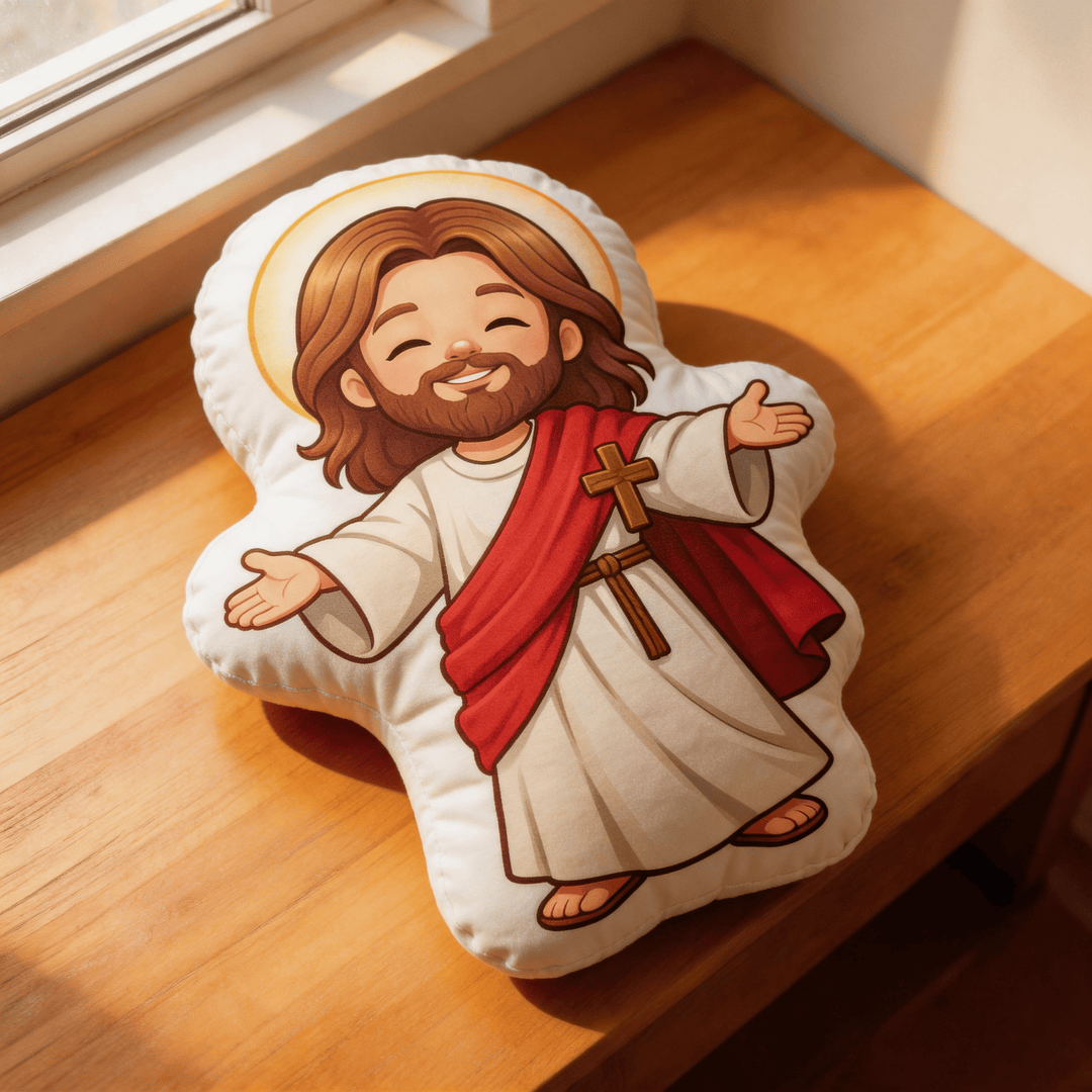 Christianartworkshop Niedliches, lächelndes Jesus-Kissen mit offenen Armen und Heiligenschein - image 3