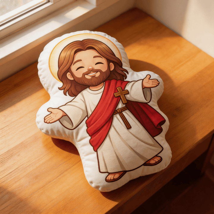 Christianartworkshop Niedliches, lächelndes Jesus-Kissen mit offenen Armen und Heiligenschein - image 3
