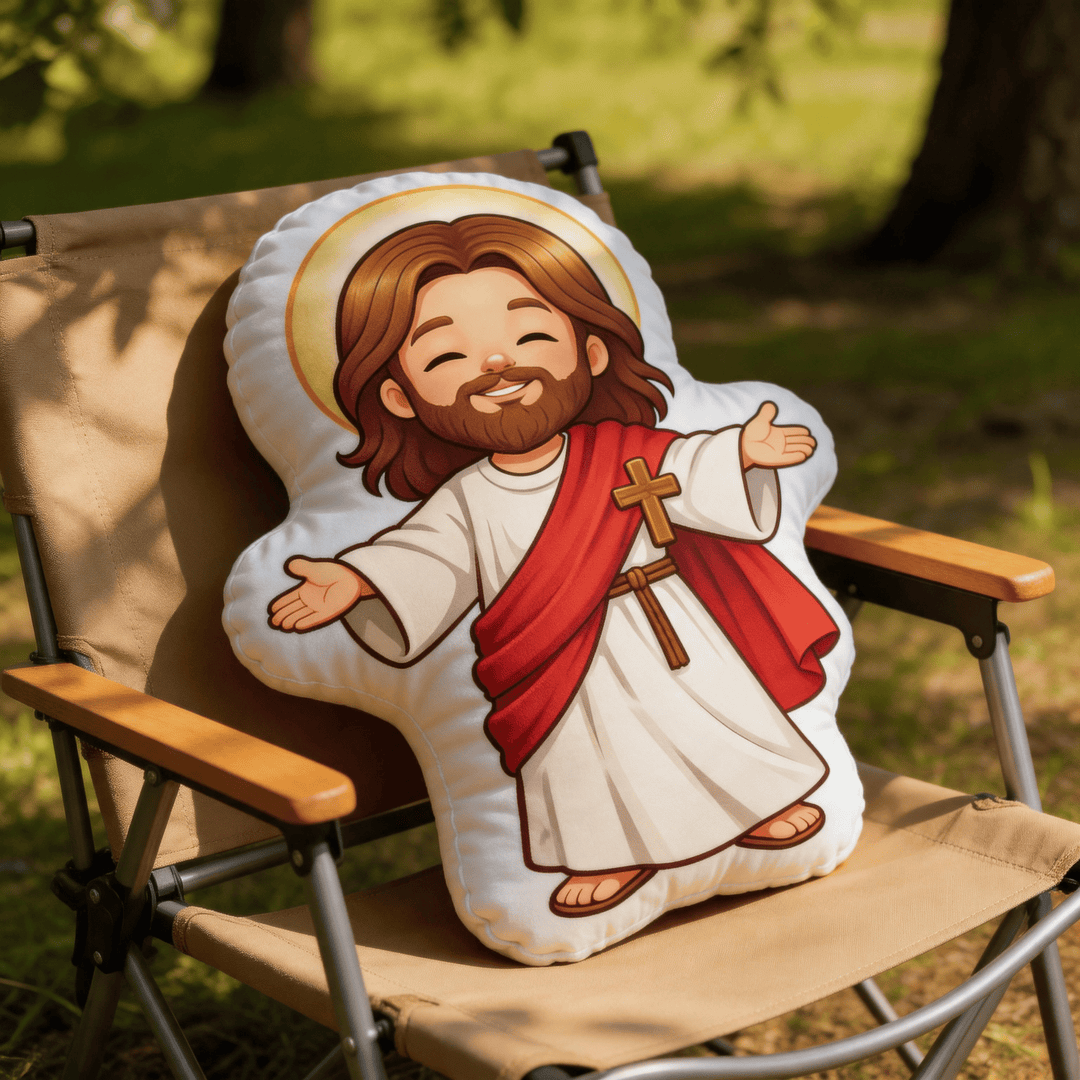 Christianartworkshop Niedliches, lächelndes Jesus-Kissen mit offenen Armen und Heiligenschein - image 4