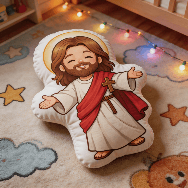 Christianartworkshop Niedliches, lächelndes Jesus-Kissen mit offenen Armen und Heiligenschein - image 6