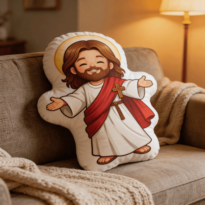 Christianartworkshop Niedliches, lächelndes Jesus-Kissen mit offenen Armen und Heiligenschein - image 5