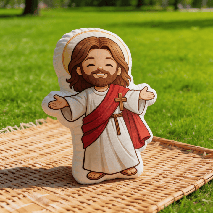 Christianartworkshop Niedliches, lächelndes Jesus-Kissen mit offenen Armen und Heiligenschein - image 7