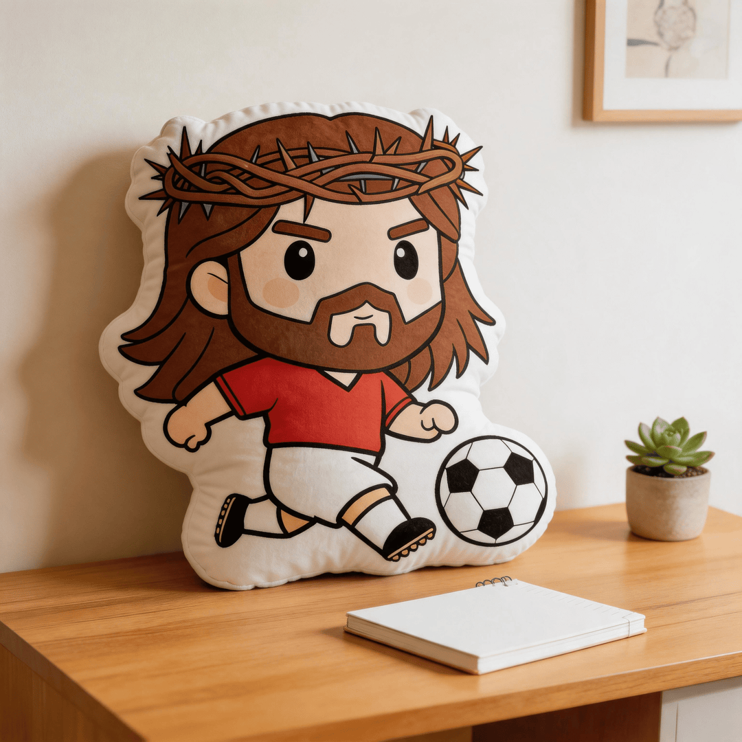 Christianartworkshop Dekokissen mit Jesus-Motiv beim Fußballspielen und Dornenkrone - image 1