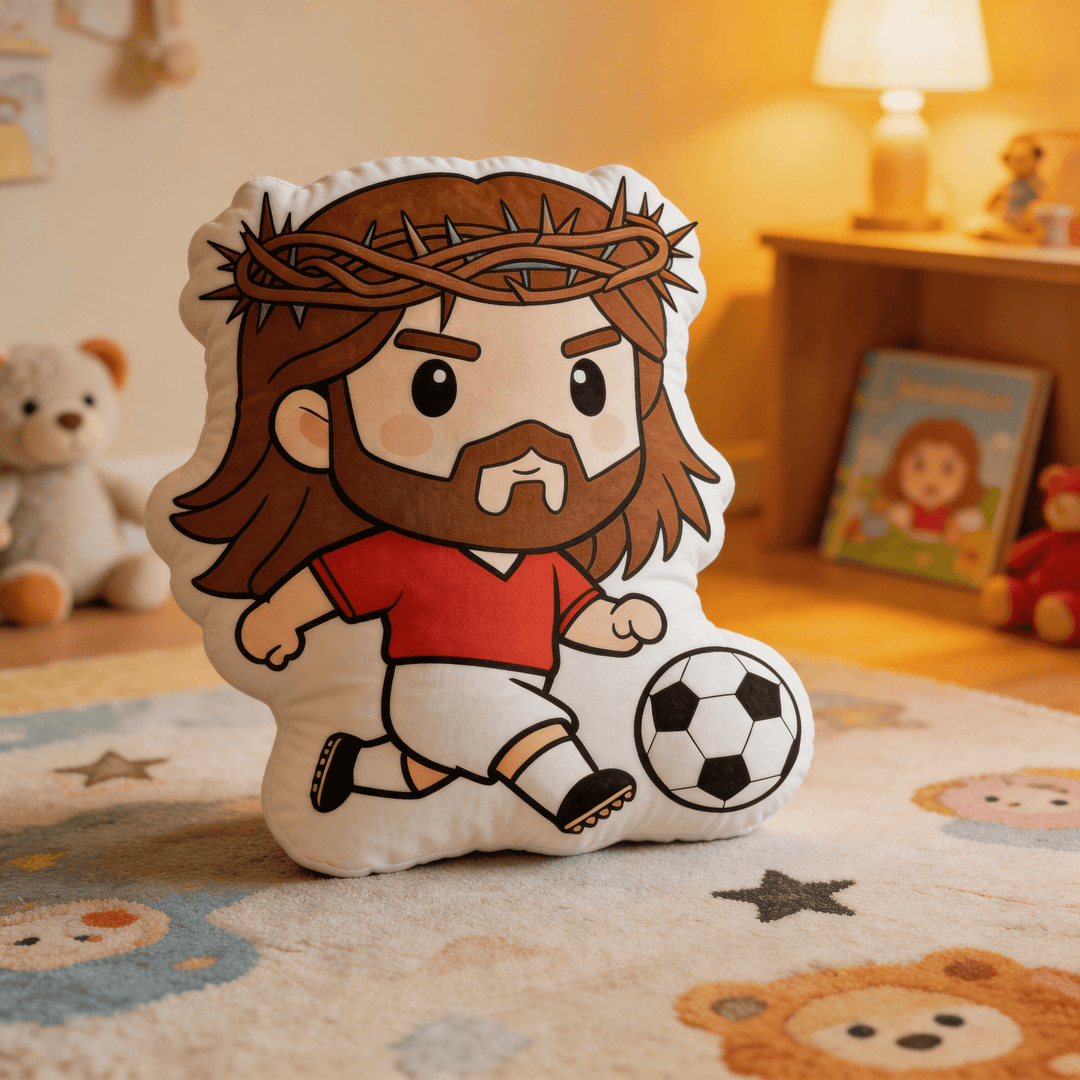 Christianartworkshop Dekokissen mit Jesus-Motiv beim Fußballspielen und Dornenkrone - image 2