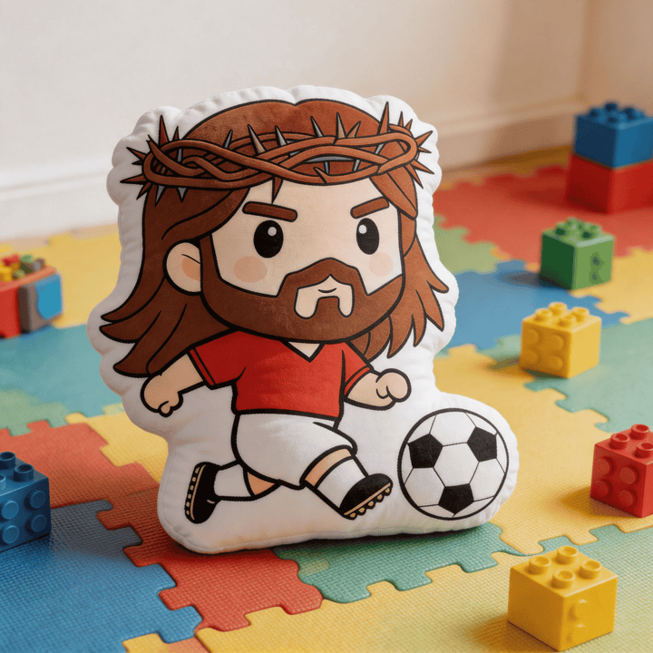 Christianartworkshop Dekokissen mit Jesus-Motiv beim Fußballspielen und Dornenkrone - image 4
