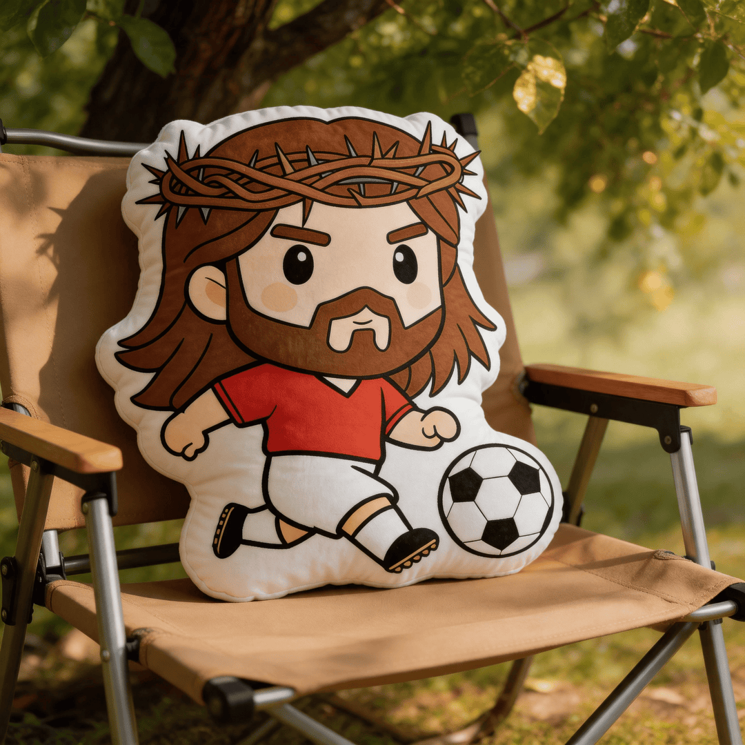 Christianartworkshop Dekokissen mit Jesus-Motiv beim Fußballspielen und Dornenkrone - image 3