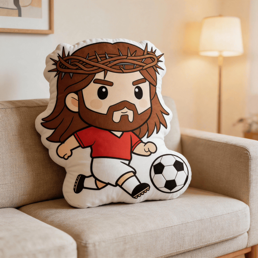 Christianartworkshop Dekokissen mit Jesus-Motiv beim Fußballspielen und Dornenkrone - image 5