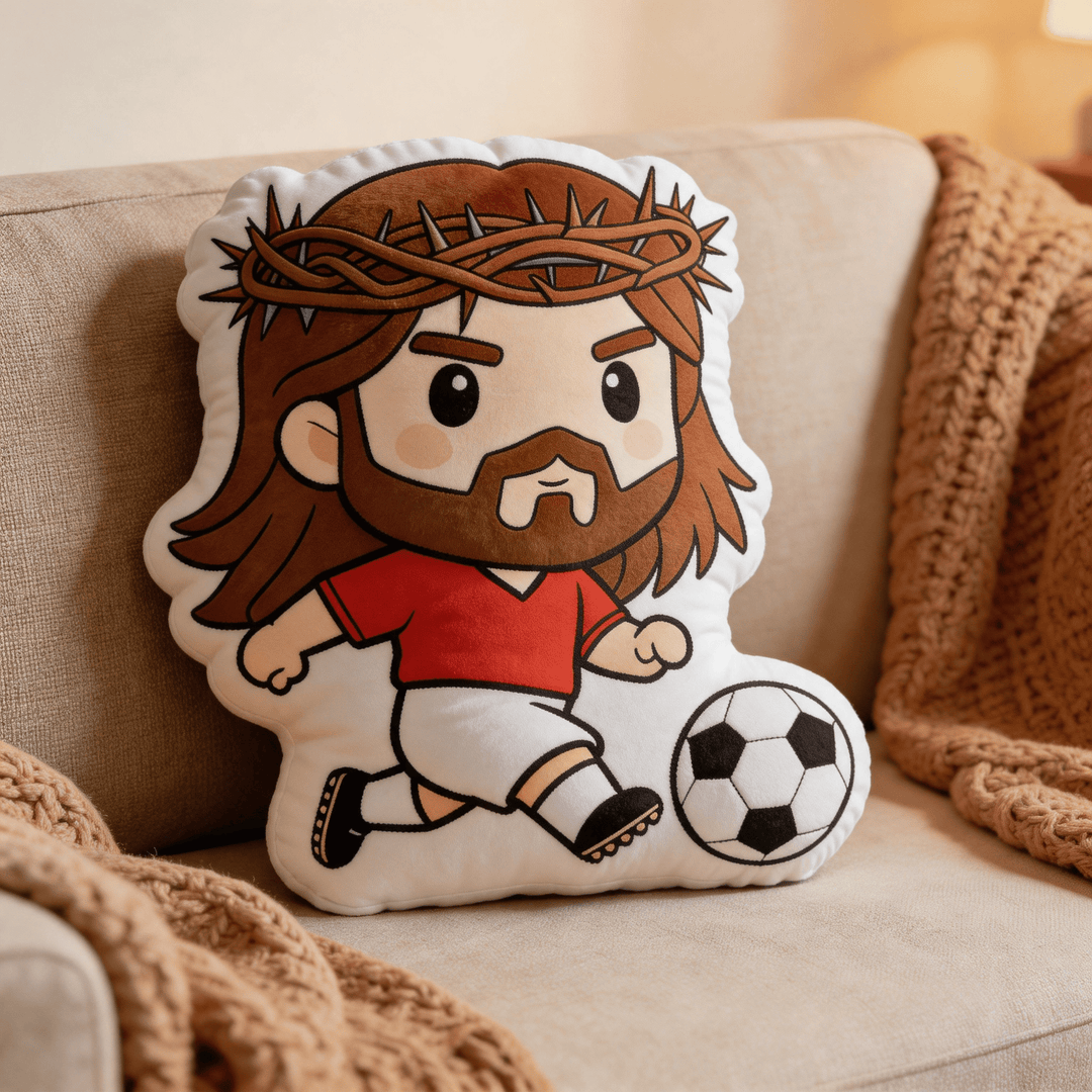 Christianartworkshop Dekokissen mit Jesus-Motiv beim Fußballspielen und Dornenkrone - image 0