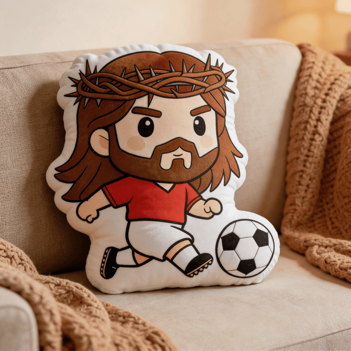 Christianartworkshop Dekokissen mit Jesus-Motiv beim Fußballspielen und Dornenkrone - image 0