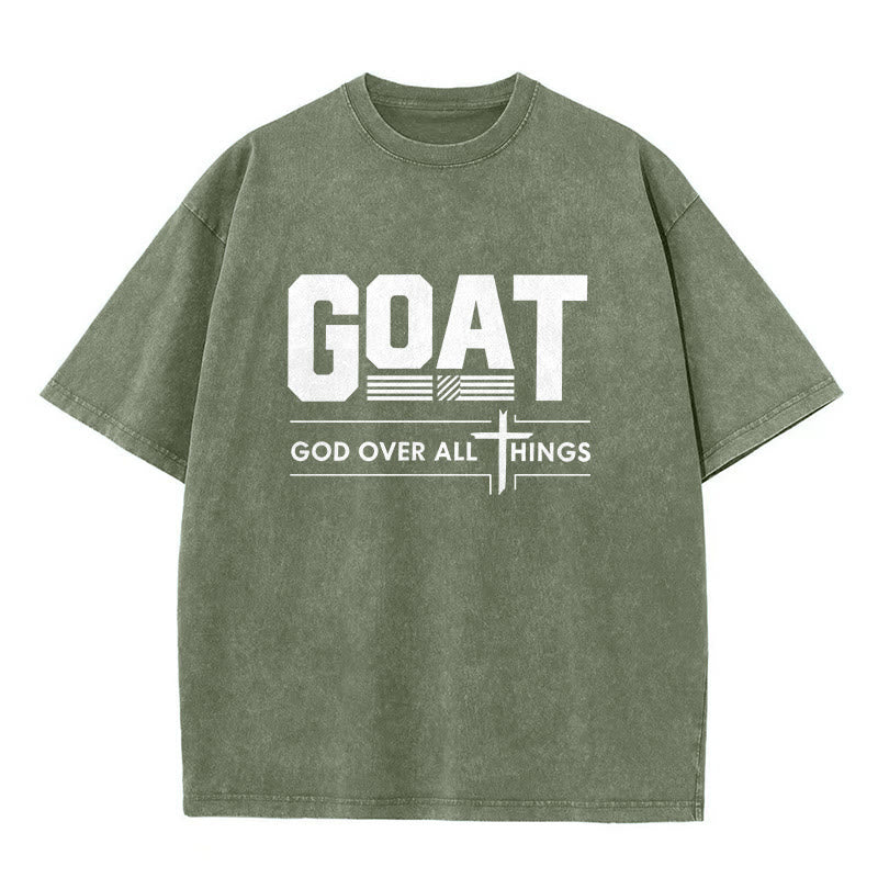 Christianartworkshop GOAT Gott über alles Glaubensbekenntnis Gewaschenes Unisex-T-Shirt - Armeegrün - 5XL - image 1