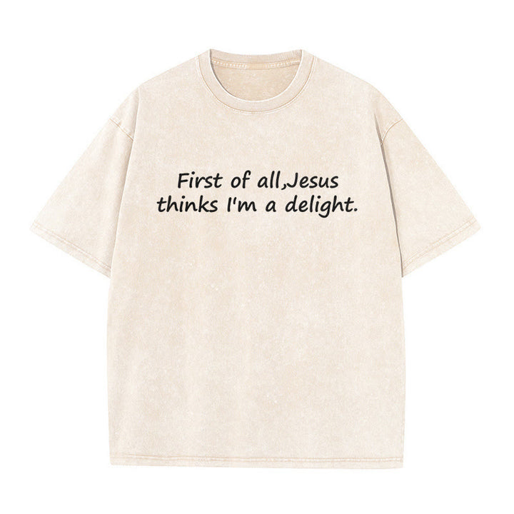 Christianartworkshop „Zuallererst: Jesus findet mich toll“ – Glaubenszitat, gewaschenes Unisex-T-Shirt - Beige - 5XL - image 4