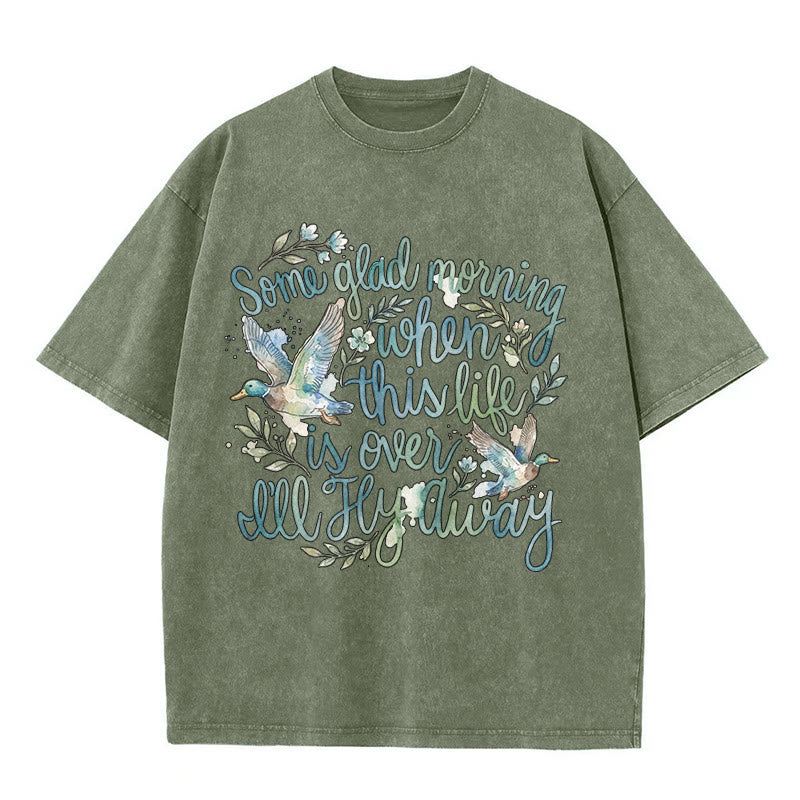 Christianartworkshop An einem schönen Morgen, wenn dieses Leben vorbei ist, werde ich davonfliegen – Aquarell-Enten-Blumen-T-Shirt - Armeegrün - 5XL - image 2