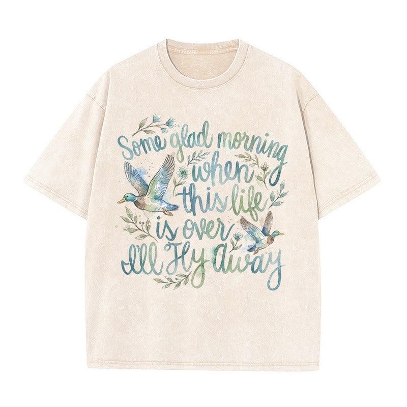 Christianartworkshop An einem schönen Morgen, wenn dieses Leben vorbei ist, werde ich davonfliegen – Aquarell-Enten-Blumen-T-Shirt - Beige - 5XL - image 0
