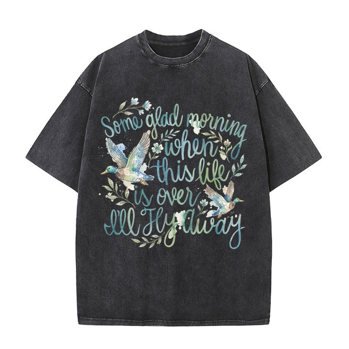 Christianartworkshop An einem schönen Morgen, wenn dieses Leben vorbei ist, werde ich davonfliegen – Aquarell-Enten-Blumen-T-Shirt - Schwarz - 5XL - image 1