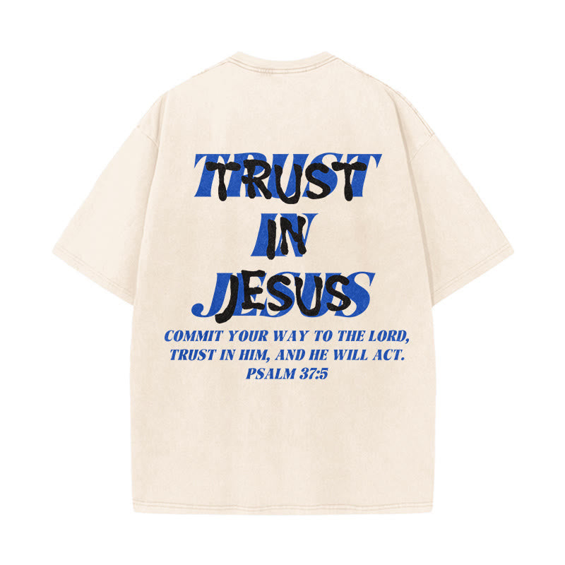 Christianartworkshop Vertraue auf Jesus, Psalm 37,5 – Vorder- und Rückseite bedrucktes, gewaschenes Unisex-T-Shirt - image 1