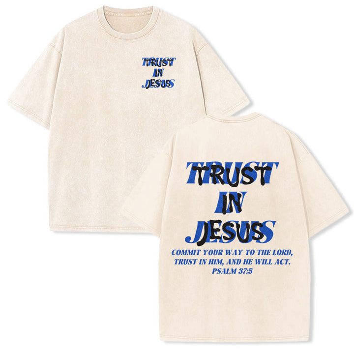 Christianartworkshop Vertraue auf Jesus, Psalm 37,5 – Vorder- und Rückseite bedrucktes, gewaschenes Unisex-T-Shirt - Beige - 5XL - image 0