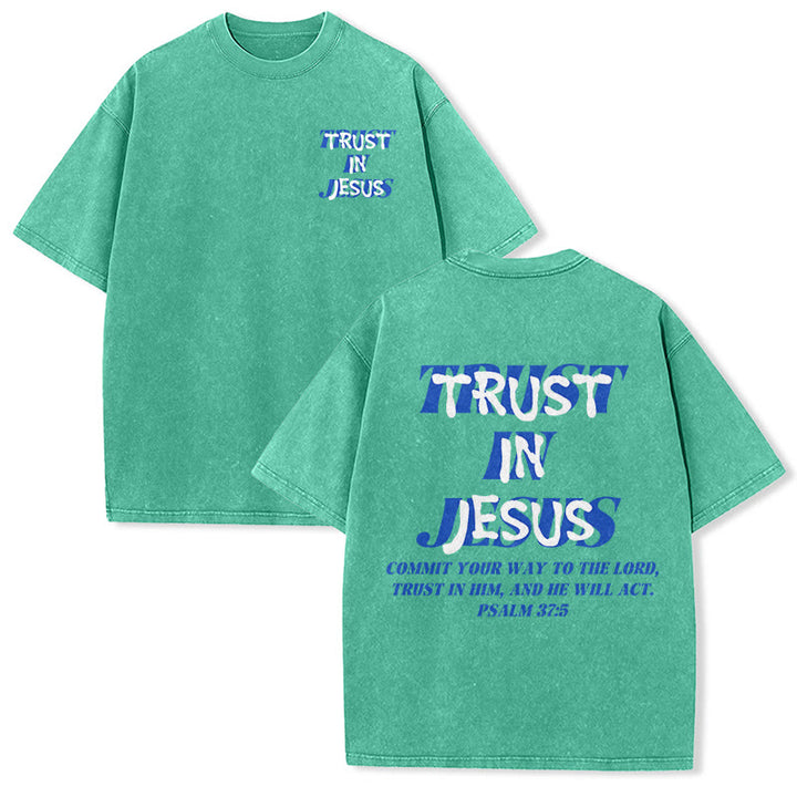Christianartworkshop Vertraue auf Jesus, Psalm 37,5 – Vorder- und Rückseite bedrucktes, gewaschenes Unisex-T-Shirt - Grün - 5XL - image 9