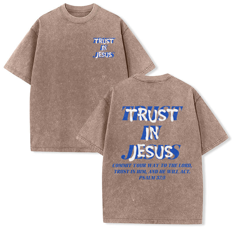 Christianartworkshop Vertraue auf Jesus, Psalm 37,5 – Vorder- und Rückseite bedrucktes, gewaschenes Unisex-T-Shirt - Braun - 5XL - image 12