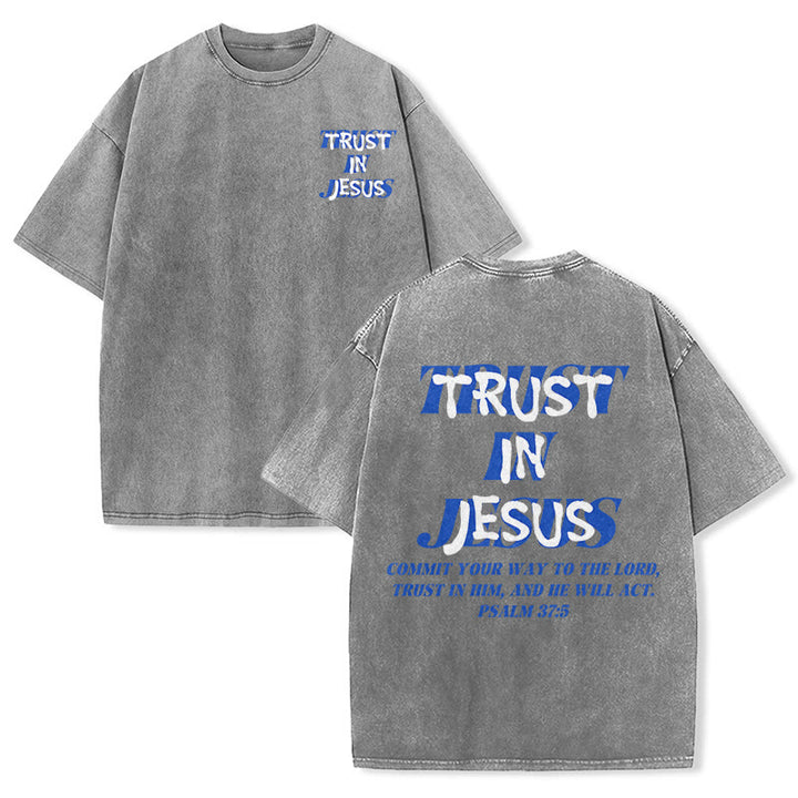 Christianartworkshop Vertraue auf Jesus, Psalm 37,5 – Vorder- und Rückseite bedrucktes, gewaschenes Unisex-T-Shirt - Grau - 5XL - image 24
