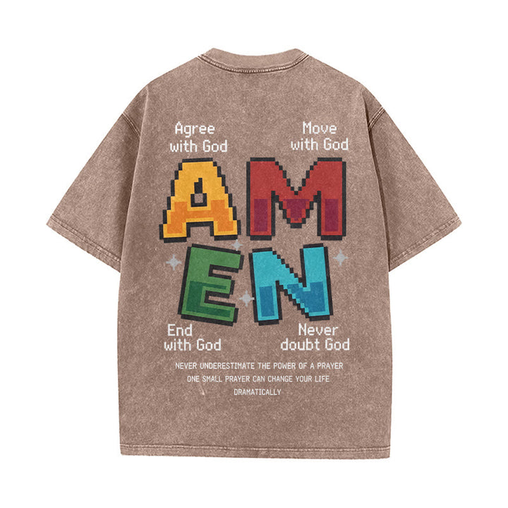 Christianartworkshop Amen Pixel Art Agree Move End Never Akronym Vorder- und Rückseite Druck Waschtes T-Shirt - image 2