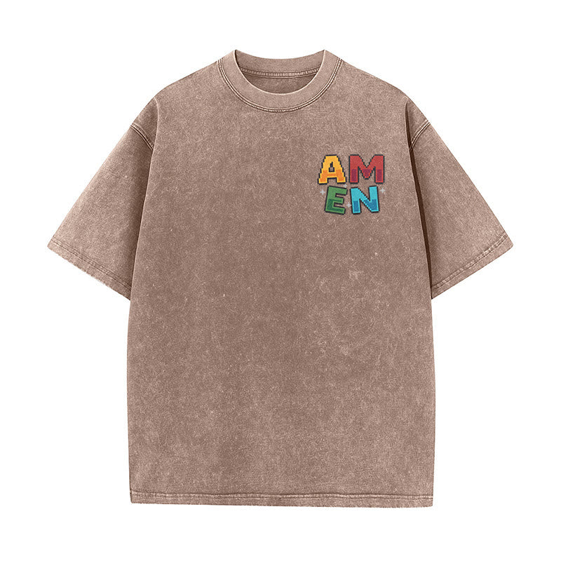 Christianartworkshop Amen Pixel Art Agree Move End Never Akronym Vorder- und Rückseite Druck Waschtes T-Shirt - image 1