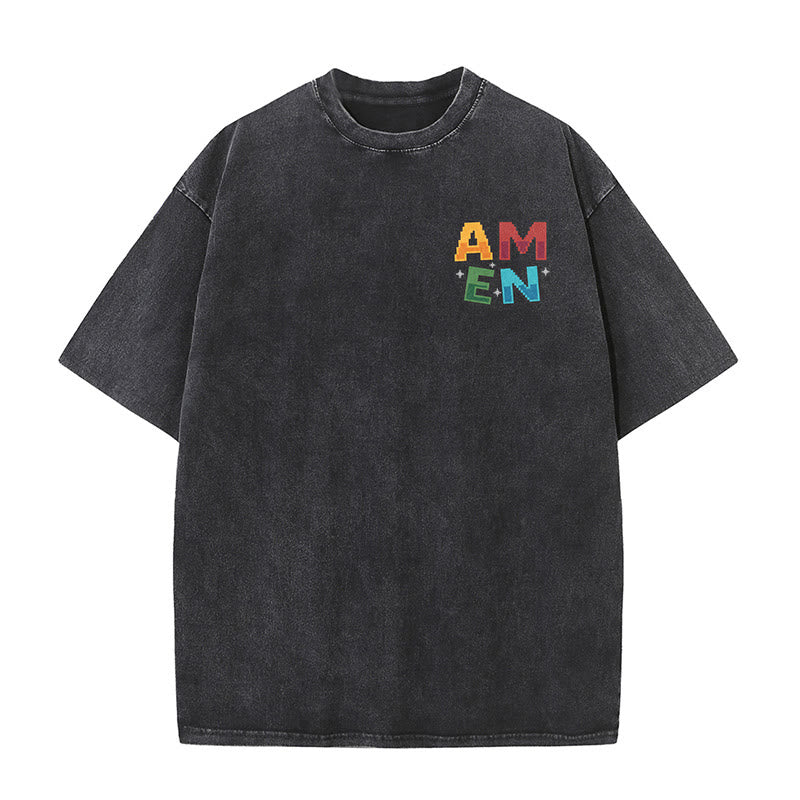 Christianartworkshop Amen Pixel Art Agree Move End Never Akronym Vorder- und Rückseite Druck Waschtes T-Shirt - image 7