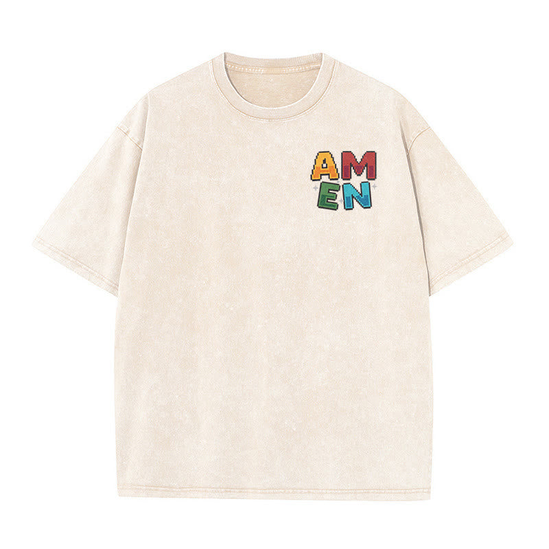 Christianartworkshop Amen Pixel Art Agree Move End Never Akronym Vorder- und Rückseite Druck Waschtes T-Shirt - image 4