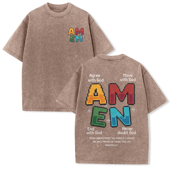 Christianartworkshop Amen Pixel Art Agree Move End Never Akronym Vorder- und Rückseite Druck Waschtes T-Shirt - Braun - 5XL - image 0