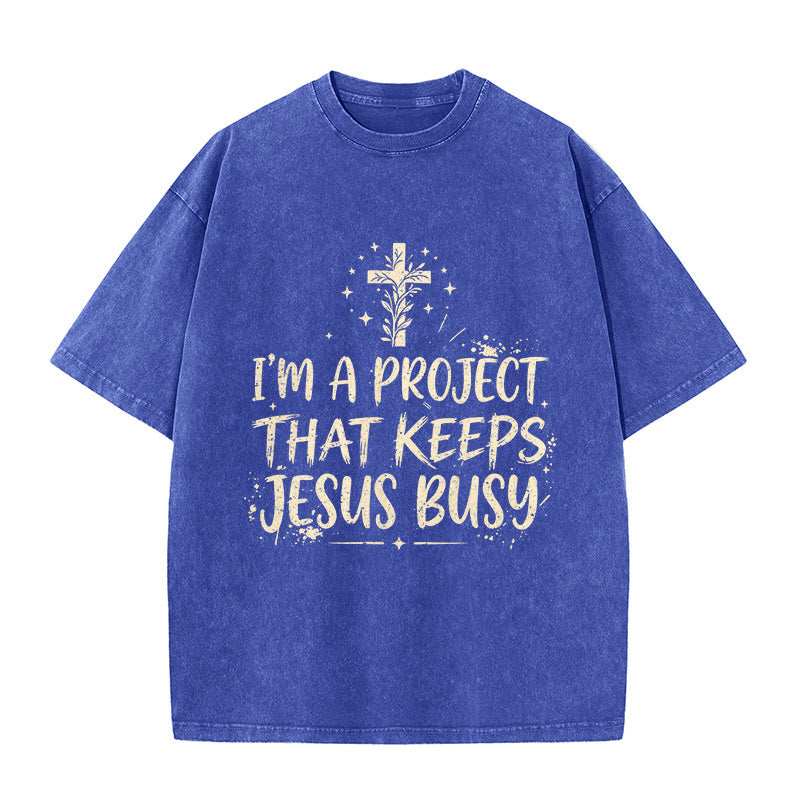 Christianartworkshop Ich bin ein Projekt, das Jesus beschäftigt – Lustiges Glaubenszitat – Gewaschenes Unisex-T-Shirt - Blau - 5XL - image 7