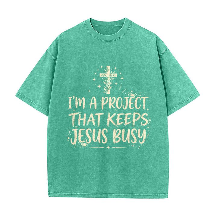 Christianartworkshop Ich bin ein Projekt, das Jesus beschäftigt – Lustiges Glaubenszitat – Gewaschenes Unisex-T-Shirt - Grün - 5XL - image 4