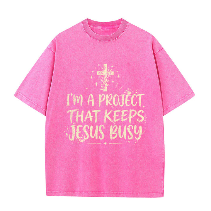 Christianartworkshop Ich bin ein Projekt, das Jesus beschäftigt – Lustiges Glaubenszitat – Gewaschenes Unisex-T-Shirt - Rosa - 5XL - image 5