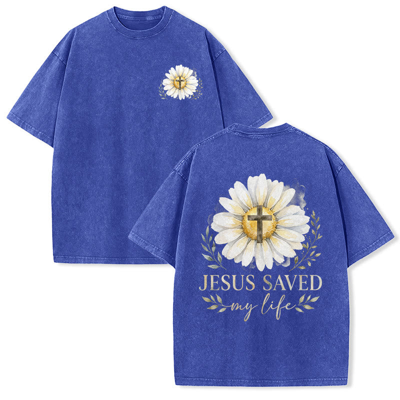 Christianartworkshop „Jesus rettete mein Leben“ Aquarell-Gänseblümchenkreuz-Druck Vorder- und Rückseite Waschbares T-Shirt - Blau - 5XL - image 21