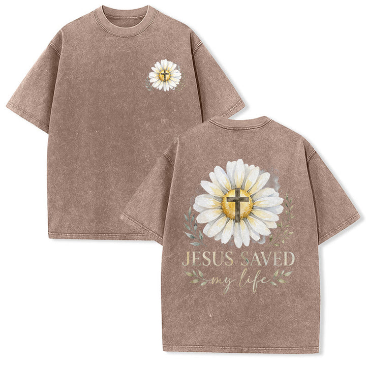 Christianartworkshop „Jesus rettete mein Leben“ Aquarell-Gänseblümchenkreuz-Druck Vorder- und Rückseite Waschbares T-Shirt - Braun - 5XL - image 3