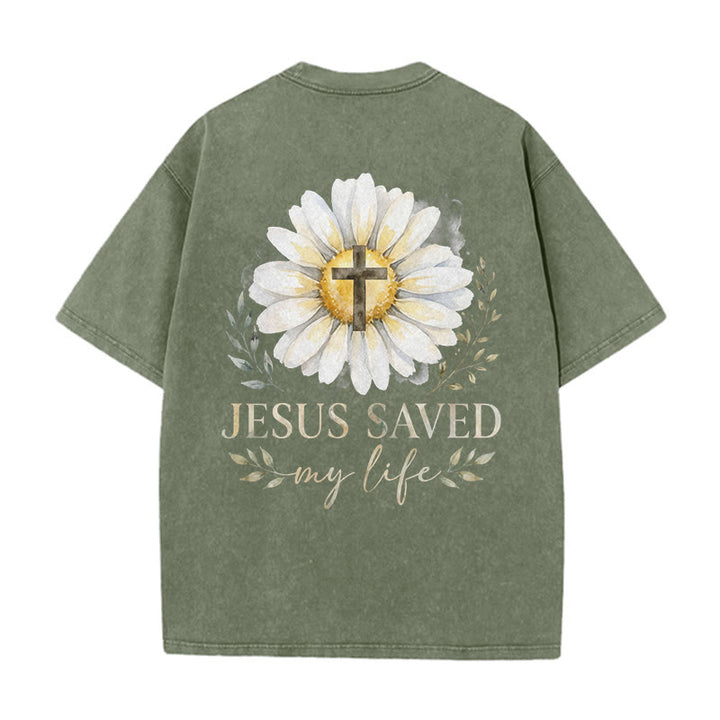 Christianartworkshop „Jesus rettete mein Leben“ Aquarell-Gänseblümchenkreuz-Druck Vorder- und Rückseite Waschbares T-Shirt - image 10
