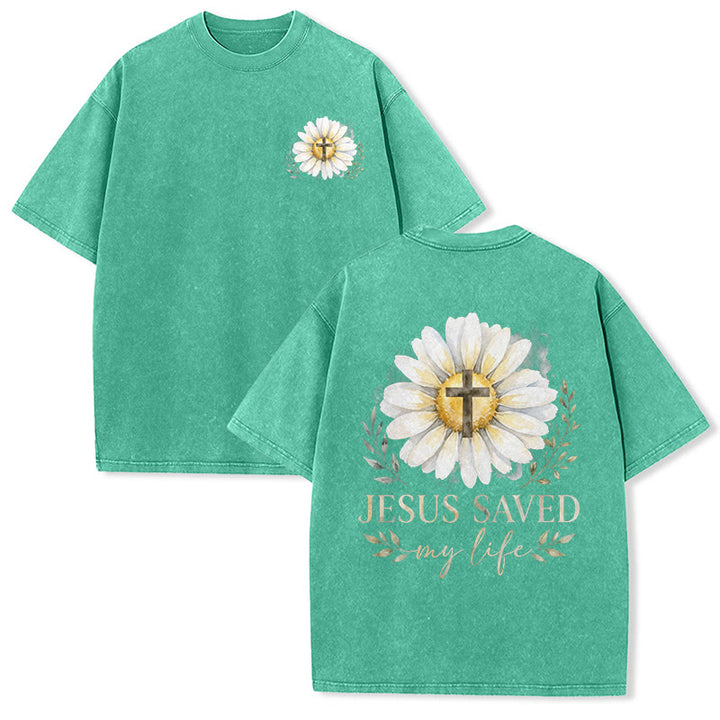 Christianartworkshop „Jesus rettete mein Leben“ Aquarell-Gänseblümchenkreuz-Druck Vorder- und Rückseite Waschbares T-Shirt - Grün - 5XL - image 12