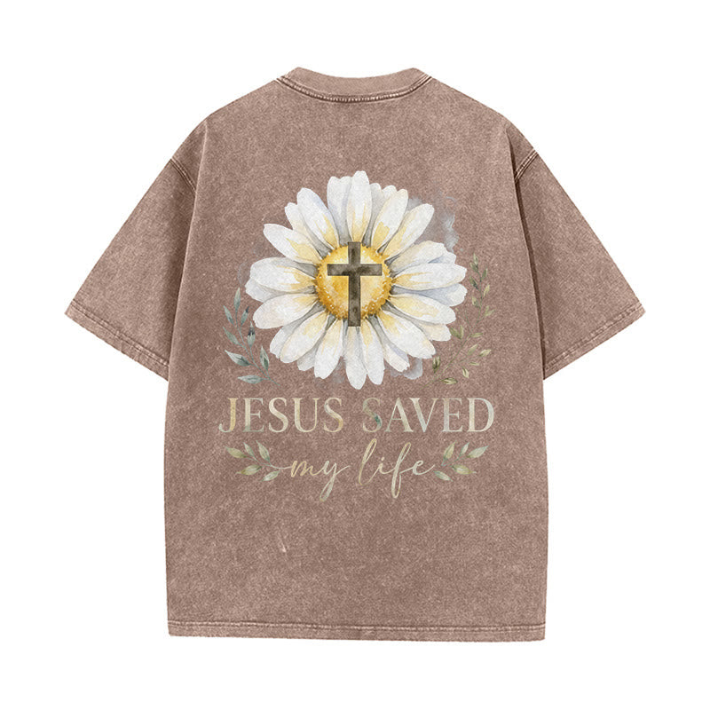 Christianartworkshop „Jesus rettete mein Leben“ Aquarell-Gänseblümchenkreuz-Druck Vorder- und Rückseite Waschbares T-Shirt - image 4