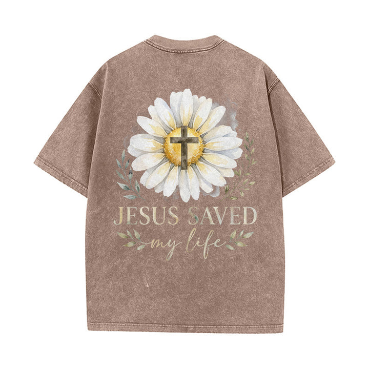 Christianartworkshop „Jesus rettete mein Leben“ Aquarell-Gänseblümchenkreuz-Druck Vorder- und Rückseite Waschbares T-Shirt - image 4