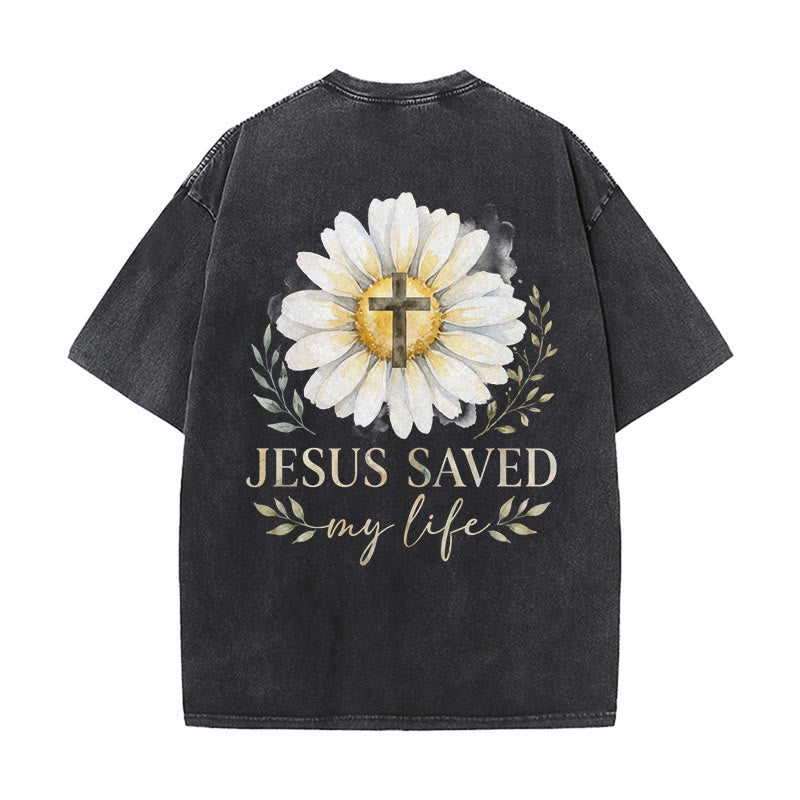 Christianartworkshop „Jesus rettete mein Leben“ Aquarell-Gänseblümchenkreuz-Druck Vorder- und Rückseite Waschbares T-Shirt - image 1