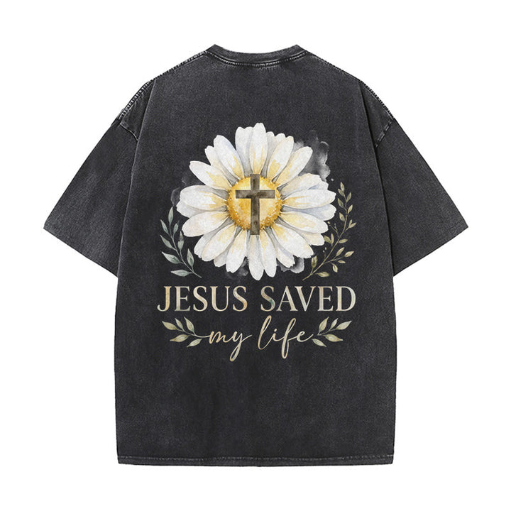 Christianartworkshop „Jesus rettete mein Leben“ Aquarell-Gänseblümchenkreuz-Druck Vorder- und Rückseite Waschbares T-Shirt - image 1