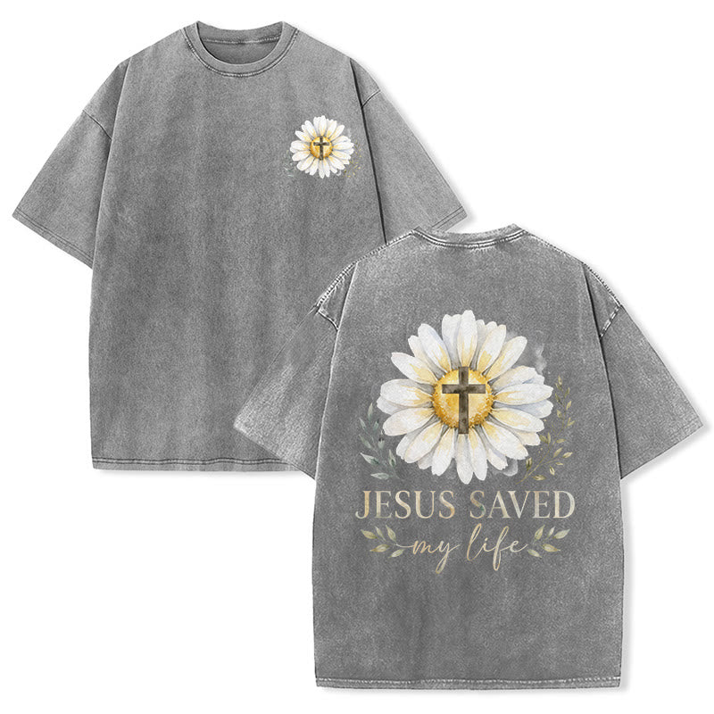 Christianartworkshop „Jesus rettete mein Leben“ Aquarell-Gänseblümchenkreuz-Druck Vorder- und Rückseite Waschbares T-Shirt - Grau - 5XL - image 24