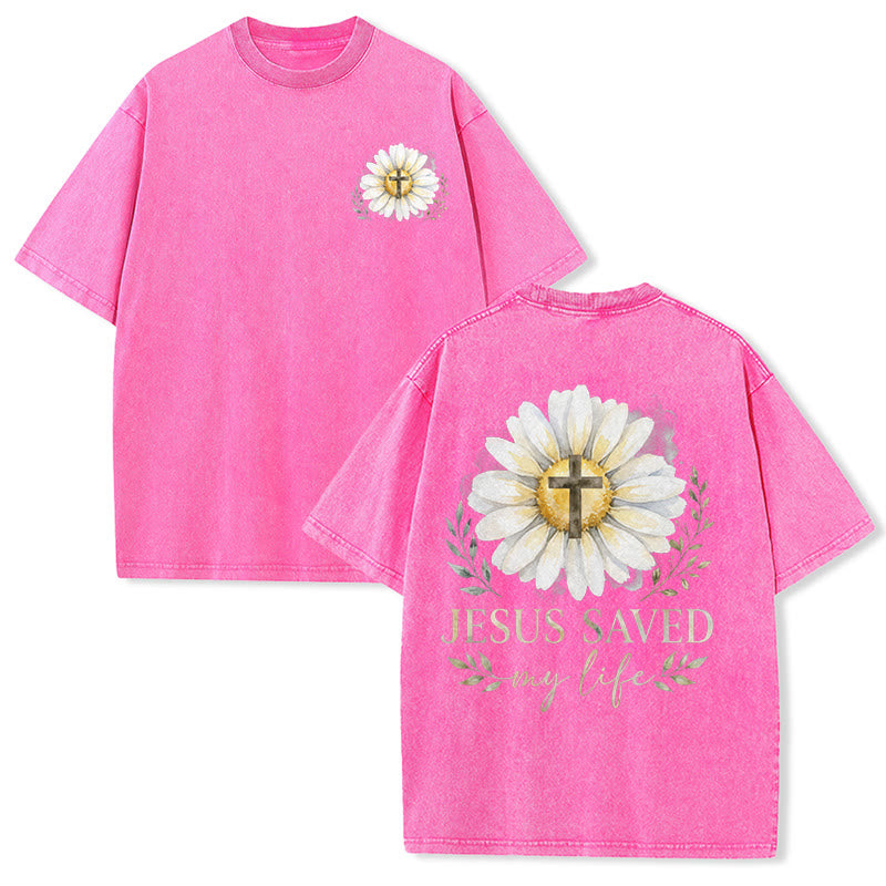 Christianartworkshop „Jesus rettete mein Leben“ Aquarell-Gänseblümchenkreuz-Druck Vorder- und Rückseite Waschbares T-Shirt - Rosa - 5XL - image 15