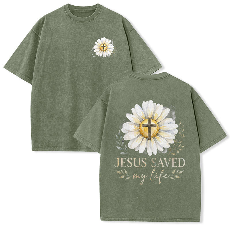 Christianartworkshop „Jesus rettete mein Leben“ Aquarell-Gänseblümchenkreuz-Druck Vorder- und Rückseite Waschbares T-Shirt - Armeegrün - 5XL - image 9
