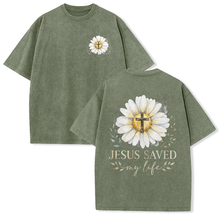 Christianartworkshop „Jesus rettete mein Leben“ Aquarell-Gänseblümchenkreuz-Druck Vorder- und Rückseite Waschbares T-Shirt - Armeegrün - 5XL - image 9