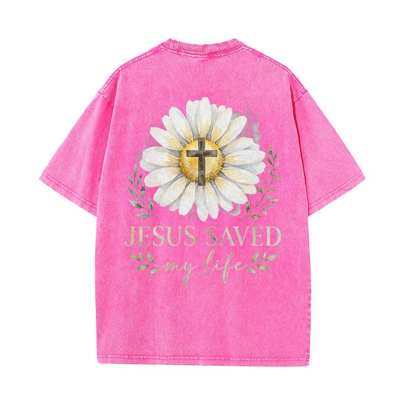Christianartworkshop „Jesus rettete mein Leben“ Aquarell-Gänseblümchenkreuz-Druck Vorder- und Rückseite Waschbares T-Shirt - image 16