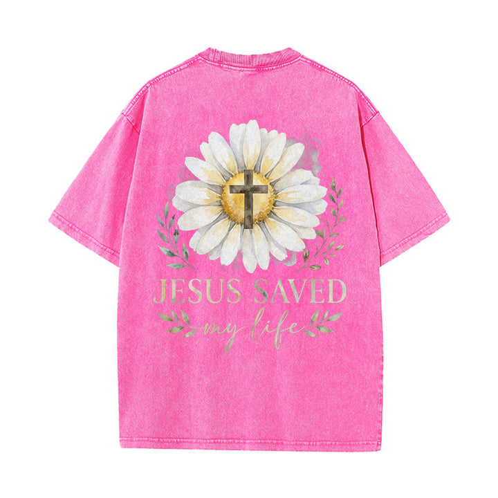 Christianartworkshop „Jesus rettete mein Leben“ Aquarell-Gänseblümchenkreuz-Druck Vorder- und Rückseite Waschbares T-Shirt - image 16