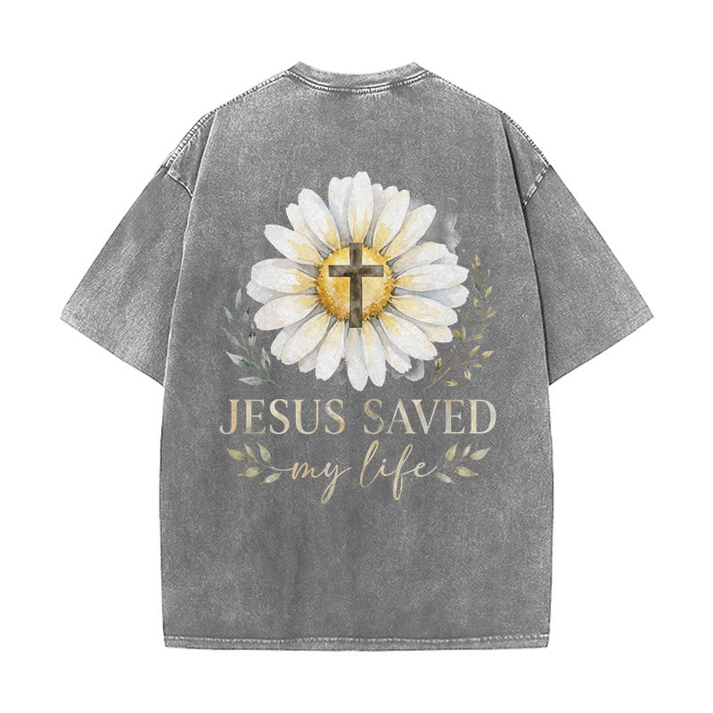Christianartworkshop „Jesus rettete mein Leben“ Aquarell-Gänseblümchenkreuz-Druck Vorder- und Rückseite Waschbares T-Shirt - image 25